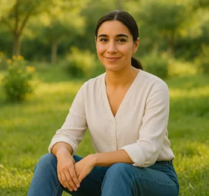 Portrait of Layla Zayn, a smiling home chef, sitting outdoors on the grass in a sunny garden, wearing a light blouse and jeans.
